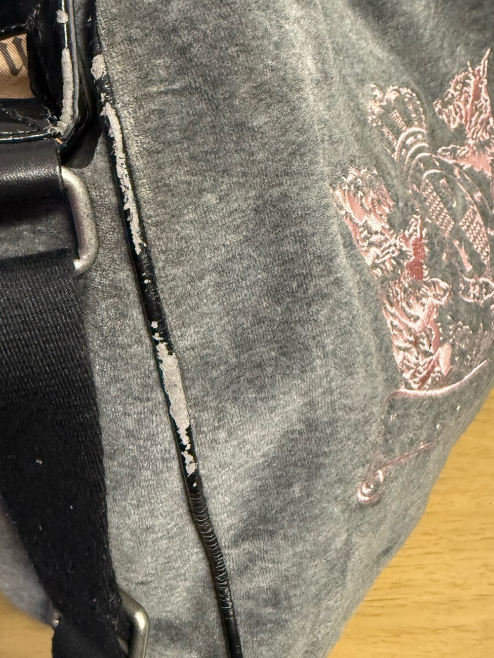 Juicy Couture Gray Denim Shoulder Bag with Pink Crest Embroidery - Picture 6 of 14